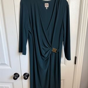 Anne Klein Elegant Teal Wrap-Style Women's Dress with Decorative Buckle